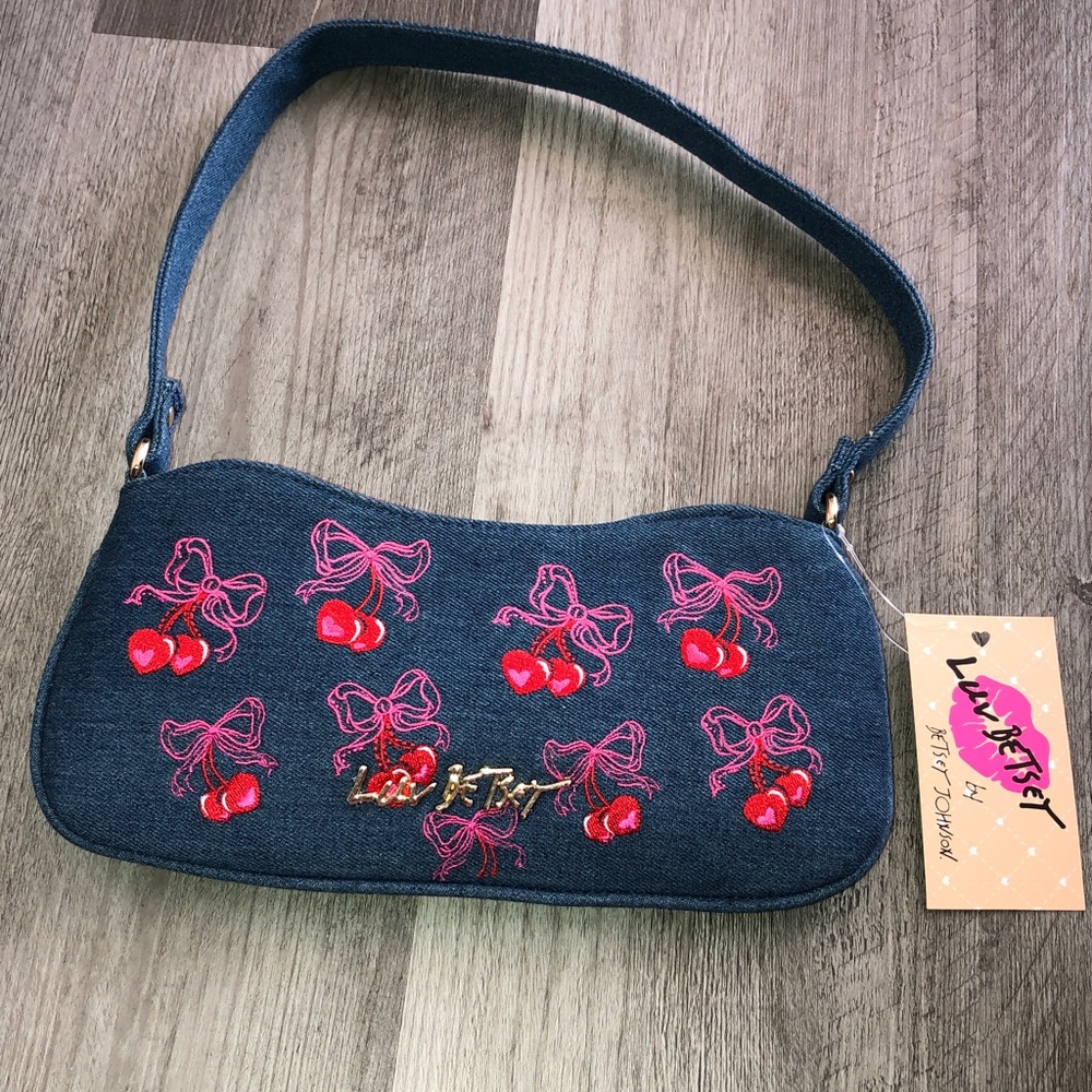 Luv Betsey Betsey Johnson LBCARINA Denim Shoulder Bag Embroidered Cherries NWT
